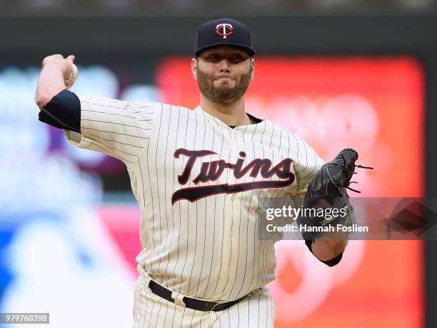 Lance Lynn of the Minnesota Twins delivers a pitch against the Boston Red Sox during the first inning of the game on June 20, 2018 at Target Field in...