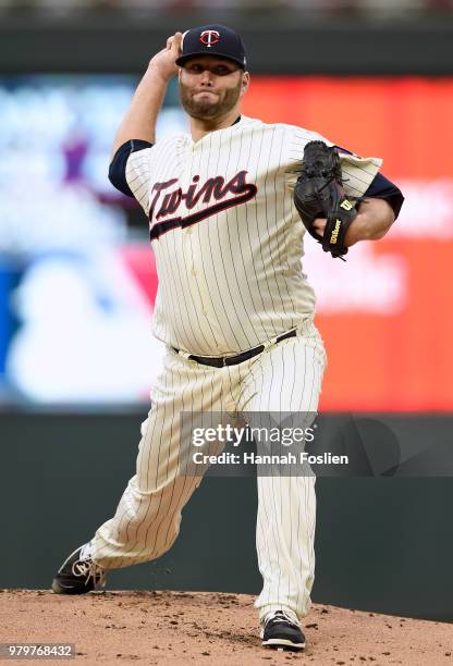 Lance Lynn of the Minnesota Twins delivers a pitch against the Boston Red Sox during the first inning of the game on June 20, 2018 at Target Field in...