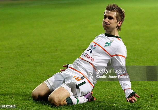 Marko Marin of Bremen celebrates after scoring his team's first goal during the DFB Cup Semi Final match between SV Werder Bremen and FC Augsburg at...