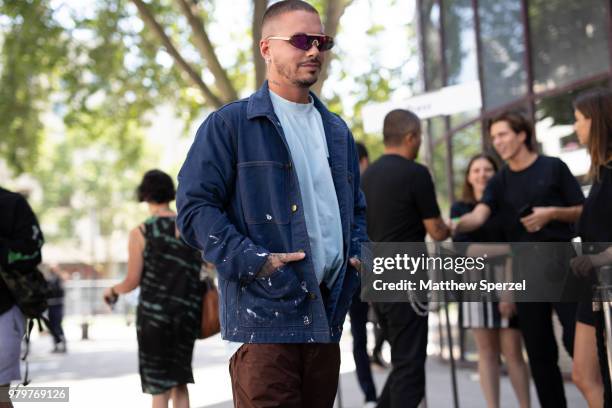 Balvin is seen on the street during Paris Men's Fashion Week S/S 2019 wearing denim on June 20, 2018 in Paris, France.