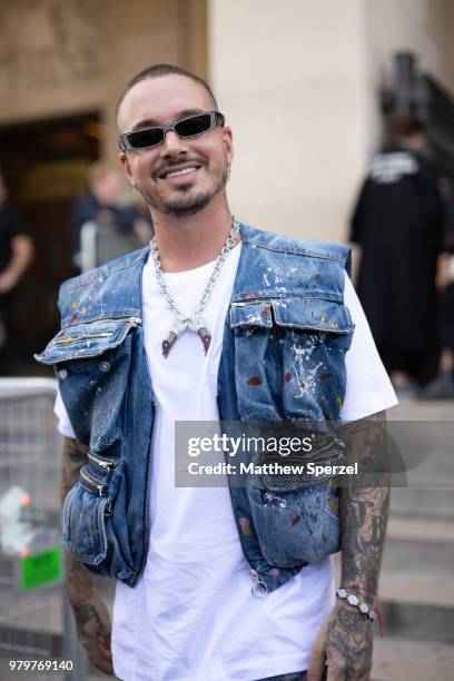 Balvin is seen on the street during Paris Men's Fashion Week S/S 2019 wearing denim on June 20, 2018 in Paris, France.