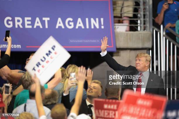 President Donald Trump greets supporters after speaking during a campaign rally at the Amsoil Arena on June 20, 2018 in Duluth Minnesota. Earlier...