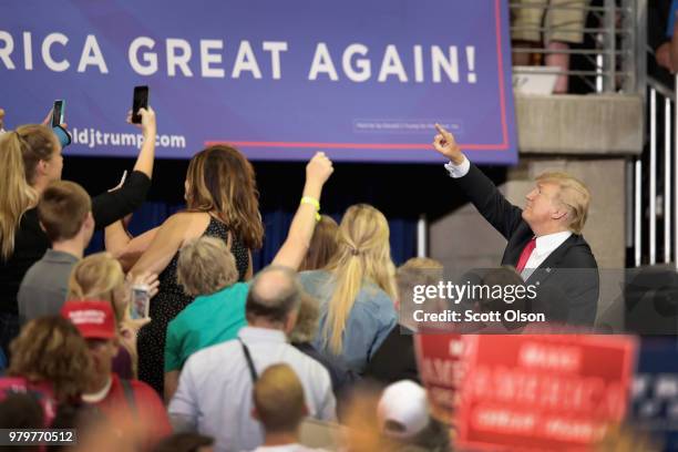 President Donald Trump greets supporters after speaking during a campaign rally at the Amsoil Arena on June 20, 2018 in Duluth Minnesota. Earlier...