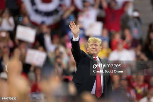 President Donald Trump greets supporters after speaking during a campaign rally at the Amsoil Arena on June 20, 2018 in Duluth Minnesota. Earlier...