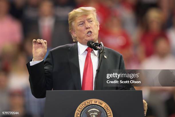 President Donald Trump speaks to supporters during a campaign rally at the Amsoil Arena on June 20, 2018 in Duluth Minnesota. Earlier today President...