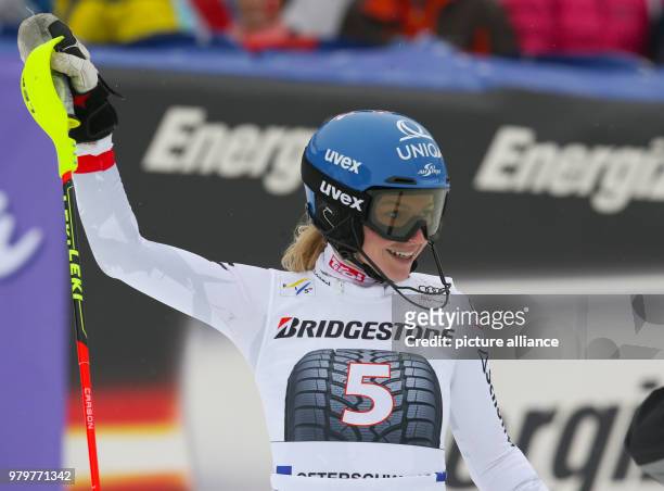 March 2018, Ofterschwang, Germany: Alpine Skiing World Cup, women's slalom. Bernadette Schild of Austria reacts at the finish after the first run....