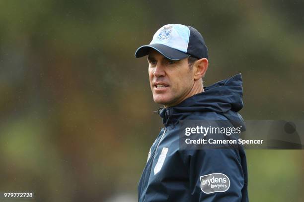 Blues coach Brad Fittler talks to players during a New South Wales Blues State of Origin training session at Coogee Oval on June 21, 2018 in Sydney,...