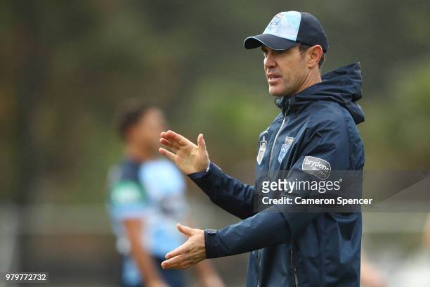 Blues coach Brad Fittler talks to players during a New South Wales Blues State of Origin training session at Coogee Oval on June 21, 2018 in Sydney,...