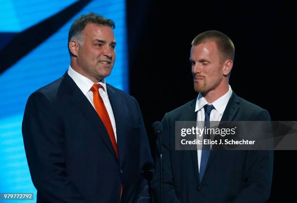 Former NHL player Eric Lindros and Daniel Sedin speak onstage during the 2018 NHL Awards presented by Hulu at The Joint inside the Hard Rock Hotel &...