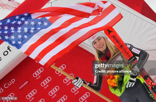 March 2018, Ofterschwang, Germany: Alpine Skiing World Cup, women's slalom. Mikaela Shiffrin of the USA celebrates her victory. Photo: Stephan...