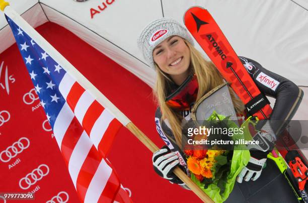 March 2018, Ofterschwang, Germany: Alpine Skiing World Cup, women's slalom. Mikaela Shiffrin of the USA celebrates her victory. Photo: Stephan...