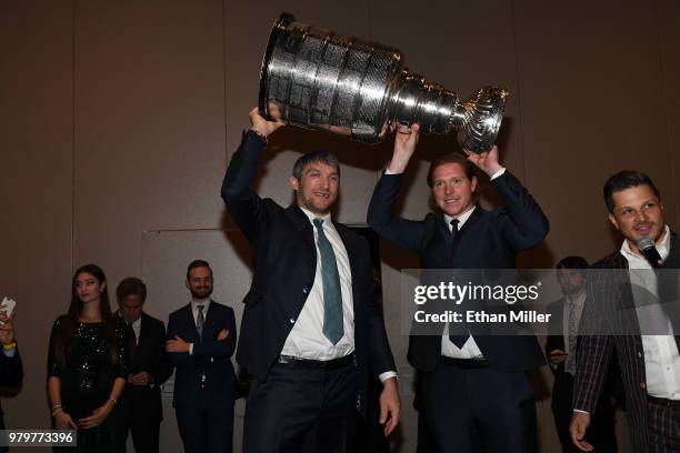 Alex Ovechkin and Nicklas Backstrom of the Washington Capitals arrive at the 2018 NHL Awards presented by Hulu with the Stanley Cup at the Hard Rock...