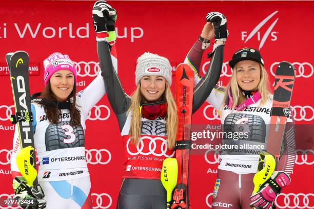 March 2018, Ofterschwang, Germany: Alpine Skiing World Cup, women's slalom. Wendy Holdener of Switzerland, Mikaela Shiffrin of the USA and Frida...