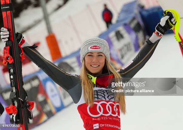 March 2018, Ofterschwang, Germany: Alpine Skiing World Cup, women's slalom. Mikaela Shiffrin of the USA reacts after her win. Photo: Stephan...