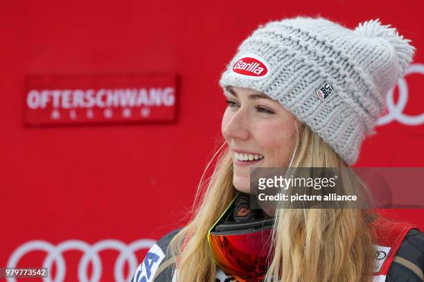 March 2018, Ofterschwang, Germany: Alpine Skiing World Cup, women's slalom. Mikaela Shiffrin of the USA reacts after her win. Photo: Dido Lutz/dpa
