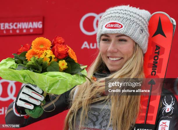 March 2018, Ofterschwang, Germany: Alpine Skiing World Cup, women's slalom. Mikaela Shiffrin of the USA reacts after her win. Photo: Dido Lutz/dpa