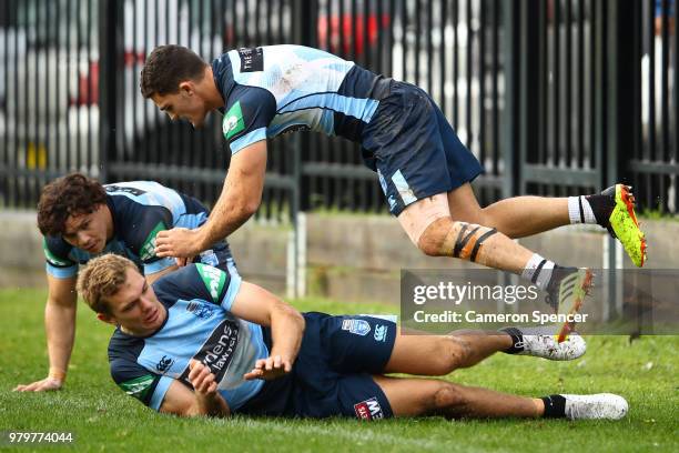 Nathan Cleary of the Blues performs a drill during a New South Wales Blues State of Origin training session at Coogee Oval on June 21, 2018 in...