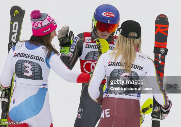 March 2018, Ofterschwang, Germany: Alpine Skiing World Cup, women's slalom. Wendy Holdener of Switzerland, Mikaela Shiffrin of the USA and Frida...