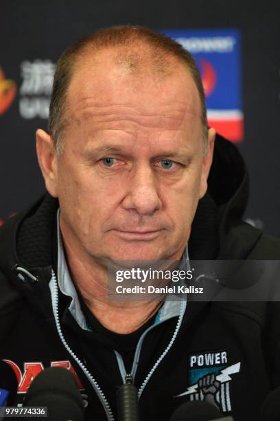 Ken Hinkley the coach of the Power speaks to the media during a press conference during a Port Power AFL training session at the Adelaide Oval on...