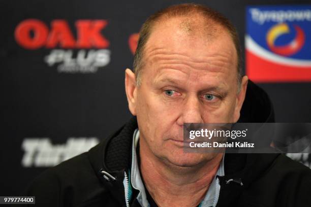 Ken Hinkley the coach of the Power speaks to the media during a press conference during a Port Power AFL training session at the Adelaide Oval on...