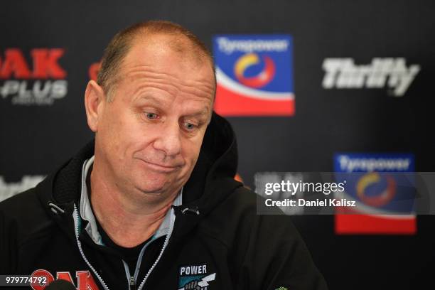 Ken Hinkley the coach of the Power speaks to the media during a press conference during a Port Power AFL training session at the Adelaide Oval on...