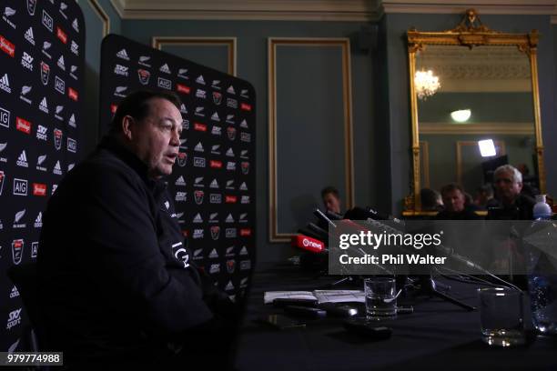 All Black coach Steve Hansen speaks to media during a New Zealand All Blacks press conference on June 21, 2018 in Dunedin, New Zealand.