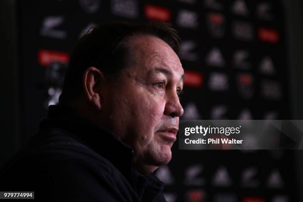 All Black coach Steve Hansen speaks to media during a New Zealand All Blacks press conference on June 21, 2018 in Dunedin, New Zealand.