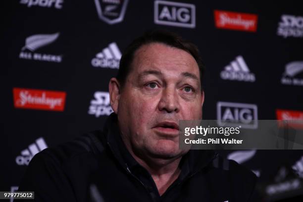 All Black coach Steve Hansen speaks to media during a New Zealand All Blacks press conference on June 21, 2018 in Dunedin, New Zealand.