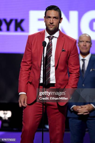 Deryk Engelland of the Vegas Golden Knights accepts the Mark Messier NHL Leadership Award onstage at the 2018 NHL Awards presented by Hulu at The...