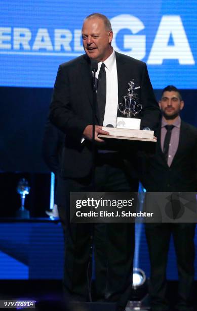 Head coach Gerard Gallant of the Vegas Golden Knights accepts the Jack Adams Award given to the top head coach onstage at the 2018 NHL Awards...