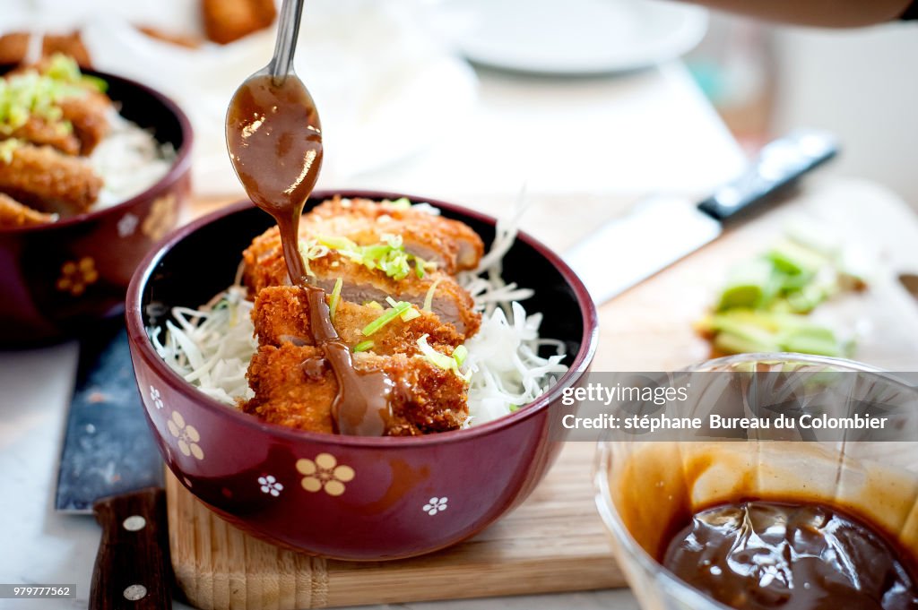 Tonkatsu with noodles and sauce in bowl, Japan