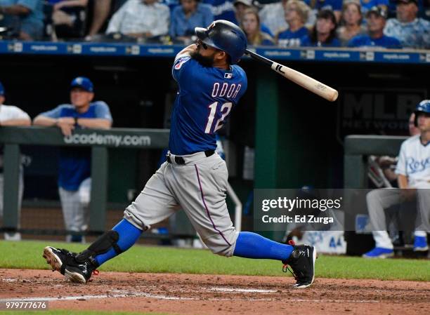 Rougned Odor of the Texas Rangers hits a home run in the sixth inning against the Kansas City Royals at Kauffman Stadium on June 20, 2018 in Kansas...