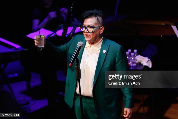 Lea DeLaria toasts the crowd with a Ketel One Vodka cocktail onstage at PRIDE PLACE in partnership with LGBTQ ally and Ketel One Family-Made Vodka on...