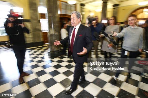 Acting Prime Minister Winston Peters speaks to media at Parliament on June 21, 2018 in Wellington, New Zealand. Peters becomes Acting Prime Minister...