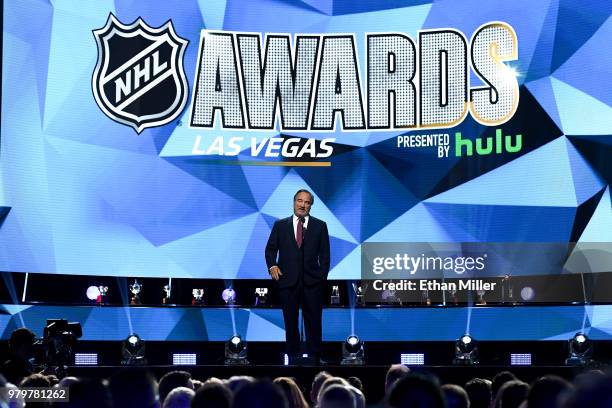 Actor Jim Belushi presents the Vezina Trophy onstage at the 2018 NHL Awards presented by Hulu at The Joint inside the Hard Rock Hotel & Casino on...