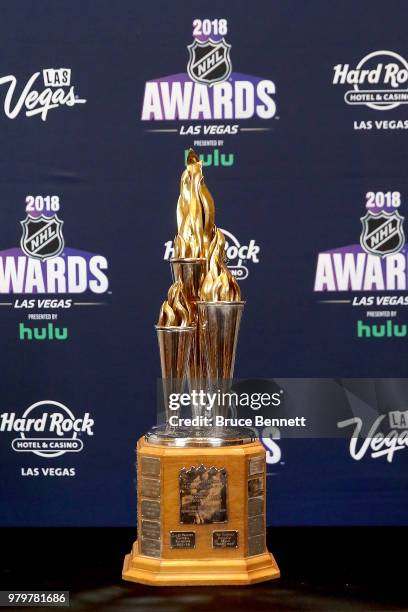 General view of the William Masterton Memorial Trophy in the press room at the 2018 NHL Awards presented by Hulu at the Hard Rock Hotel & Casino on...