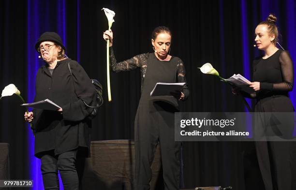 March 2018, Germany, Cologne: Actresses Katharina, Anna, and Nellie Thalbach on stage during a reading as part of the Lit.Cologne literary festival....