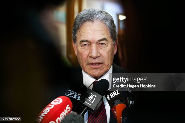 Acting Prime Minister Winston Peters speaks to media at Parliament on June 21, 2018 in Wellington, New Zealand. Peters becomes Acting Prime Minister...