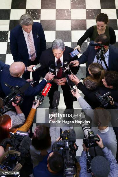 Acting Prime Minister Winston Peters speaks to media at Parliament on June 21, 2018 in Wellington, New Zealand. Peters becomes Acting Prime Minister...