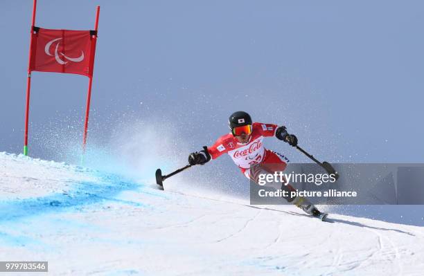 March 2018, South Korea, Pyeongchang: Paralympics, downhill skiing, standing, at the Jeongseon Alpine Centre. Hiraku Misawa in action. Photo:...