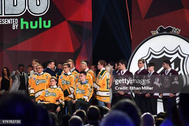 Members of the Humboldt Broncos and the Marjory Stoneman Douglas High School hockey teams are recognized onstage at the 2018 NHL Awards presented by...