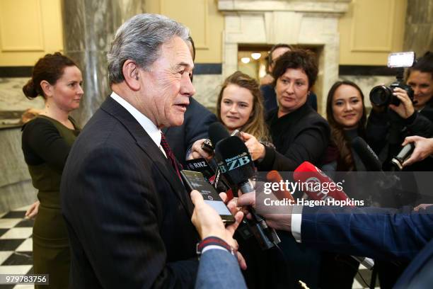 Acting Prime Minister Winston Peters speaks to media at Parliament on June 21, 2018 in Wellington, New Zealand. Peters becomes Acting Prime Minister...