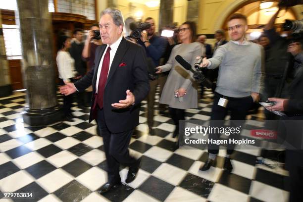 Acting Prime Minister Winston Peters speaks to media at Parliament on June 21, 2018 in Wellington, New Zealand. Peters becomes Acting Prime Minister...