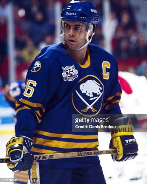 Pat LaFontaine of the Buffalo Sabres skates against the Montreal Canadiens in the 1990's at the Montreal Forum in Montreal, Quebec, Canada.