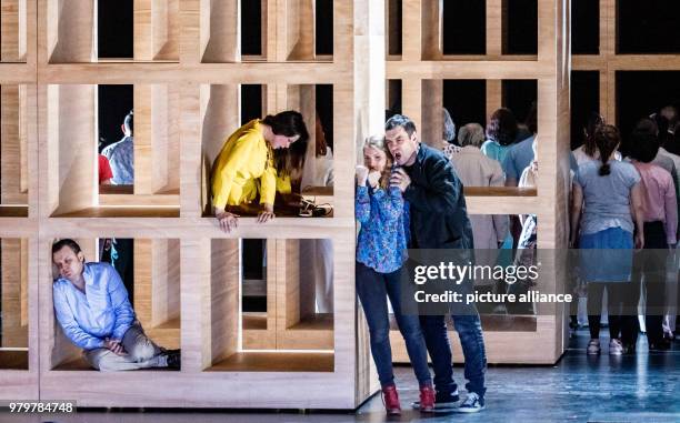 March 2018, Germany, Hamburg: The singers Dmytro Popov , Nadezhda Karyazina , Maria Bengtsson and Gabor Bretz perform during the photo rehearsal of...