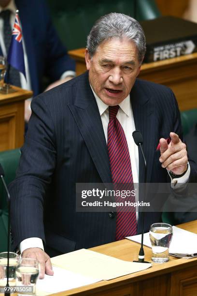 Acting Prime Minister Winston Peters speaks during question time at Parliament on June 21, 2018 in Wellington, New Zealand. Peters becomes Acting...