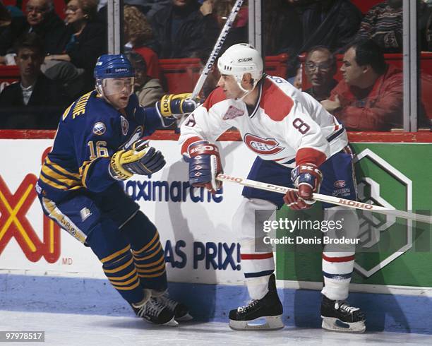 Pat LaFontaine of the Buffalo Sabres skates against the Montreal Canadiens in the 1990's at the Montreal Forum in Montreal, Quebec, Canada.