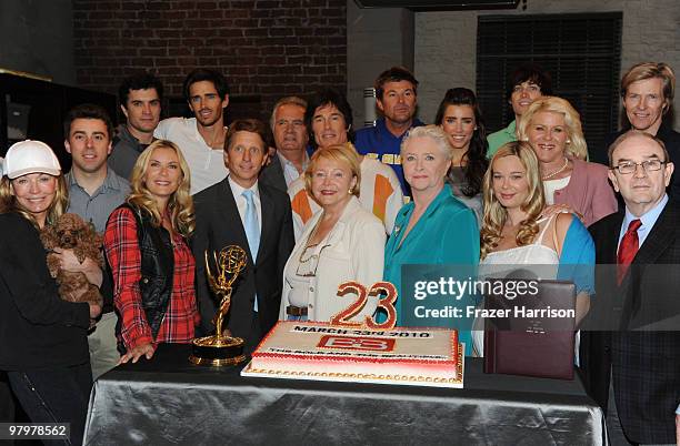 Cast and Crew of the CBS show "Bold And The Beautiful" pose together at the shows 23rd Anniversary Celebration at Television City, CBS Studio Lot on...