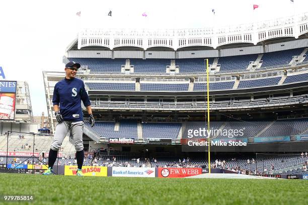 Ichiro Suzuki of the Seattle Mariners looks on during batting practice prior to the game against the New York Yankees at Yankee Stadium on June 20,...
