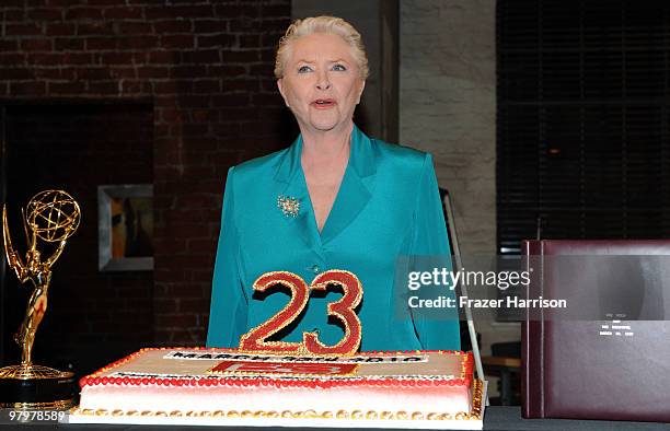 Actress Susan Flannery poses at CBS' "Bold And The Beautiful" 23rd Anniversary Celebration at Television City, CBS Studio Lot on March 23, 2010 in...